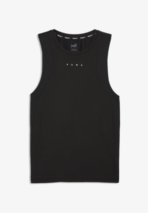 Must mustriga spordi tank top, mis on valmistatud siledast kangast. Omab valget PUMA logo, ümmargust kaelust ja võrkkanga külgpaneele, et tagada ventilatsioon.