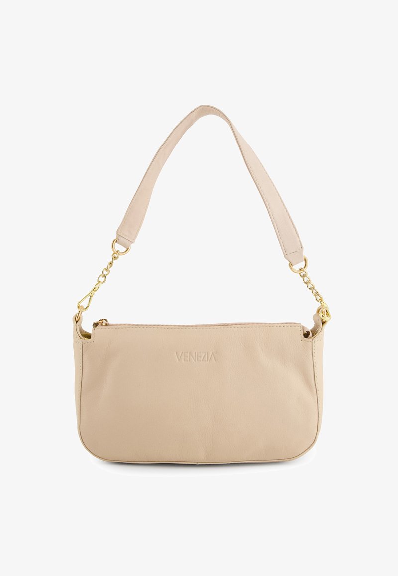 Beige Leder Schultertasche mit goldener Kettenakzent, mit Reißverschluss und eingestanztem "VENEZIA"-Logo auf der Vorderseite. Glatte Textur.