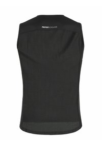 Čierny cyklistický vest s sieťovaným chrbtom, s okrúhlym výstrihom a bezrukávovým dizajnom. Logo "PROTEST CYCLING" v bielej farbe na hornej časti chrbta.
