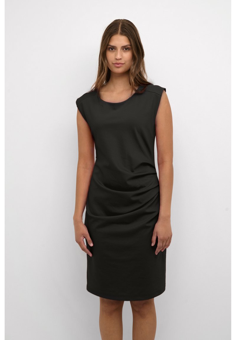 Black sleeveless dress with a round neckline and subtle ruching at the waist. Fabric appears smooth and stretchy, with a fitted silhouette.