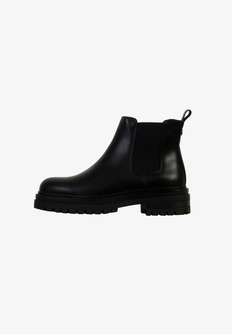 Black leather chelsea boots with elastic side panels, rounded toe, and thick rubber lug sole, featuring a pull tab at the heel.