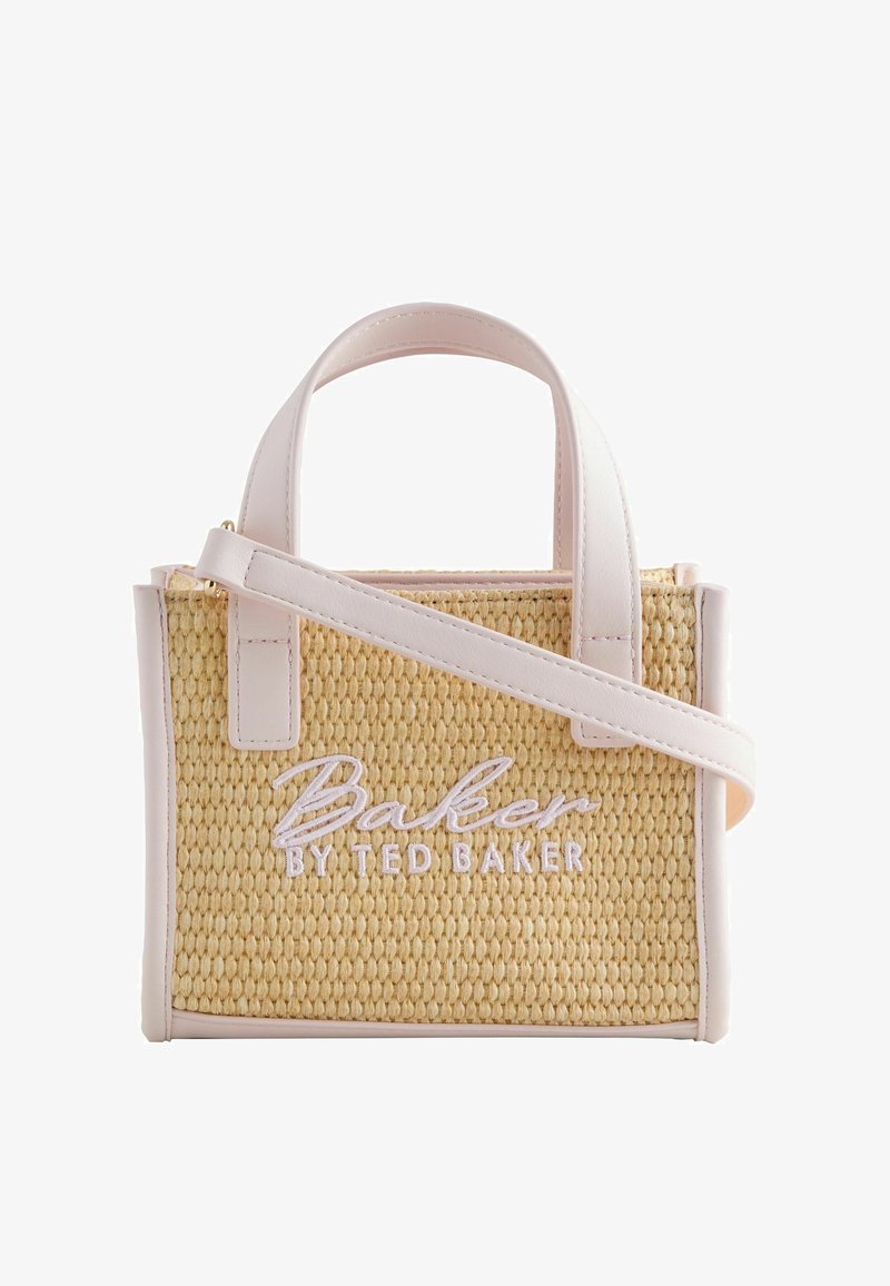 Maža stačiakampė austa šiaudų rankinė su šviesiai rožinės odos apvadais, viršutinėmis rankenomis, petneša ir išsiuvinėtu „Baker by Ted Baker“ logotipu.