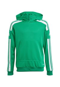 Zielona bluza Adidas z białymi paskami na rękawach, z przednią kieszenią kangurką i logo Adidas na górnej części rękawów, zaprezentowana na białym tle.