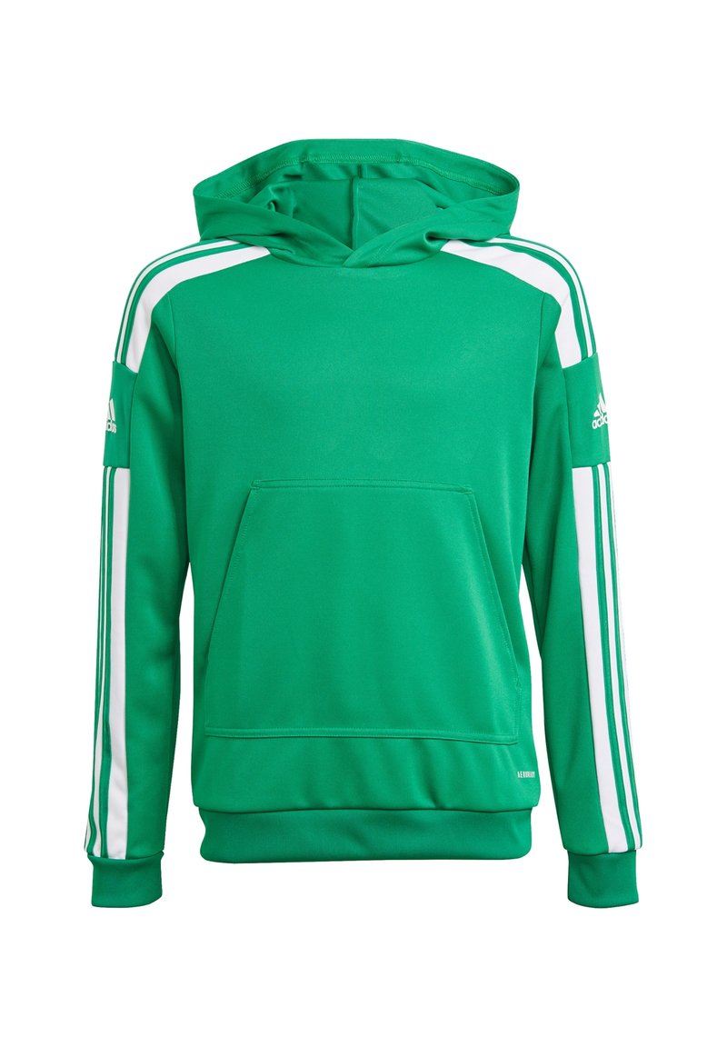 Zielona bluza Adidas z białymi paskami na rękawach, z przednią kieszenią kangurką i logo Adidas na górnej części rękawów, zaprezentowana na białym tle.