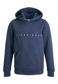 Felpa blu navy realizzata in tessuto misto cotone, con tasca a marsupio frontale e logo bianco "JACK&JONES" sulla parte anteriore.