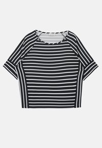 Black and white striped short-sleeve top, made of soft fabric. Features a round neckline and loose fit with raglan sleeves.
