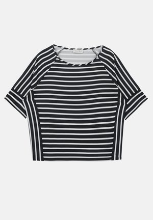 Black and white striped short-sleeve top, made of soft fabric. Features a round neckline and loose fit with raglan sleeves.