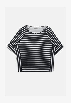 Melnbaltas svītrains īsām piedurknēm topiņš, izgatavots no mīksta auduma. Tam ir apaļa kakla izgriezums un brīvs piegriezums ar raglanu piedurknēm.