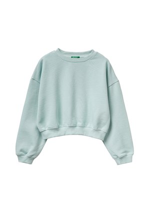 Jasnoniebieska krótka bluza z długimi rękawami, ściągaczami przy mankietach i u dołu oraz okrągłym dekoltem.