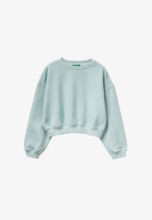 Sudadera corta azul claro con mangas largas, puños y dobladillo acanalados, y cuello redondo.