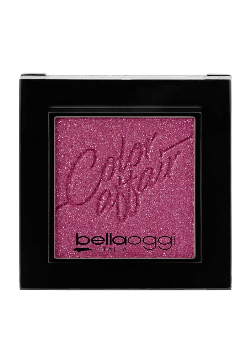 Ombretto glitter rosa in una confezione nera quadrata. Presenta un logo in rilievo e una texture liscia. Design compatto adatto per i viaggi.