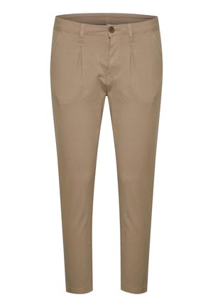 Beige tailored pants with a flat front, two pleats, mid-rise waist, and clean hem. Made from lightweight, smooth fabric for comfort.