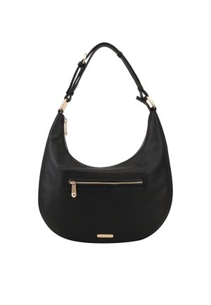 Black leather hobo bag featuring a zippered front pocket and gold-tone hardware. Smooth texture with a curved shape and adjustable strap.