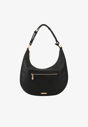 Zwarte leren hobo tas met een ritsvak aan de voorkant en gouden hardware. Glad oppervlak met een gebogen vorm en een verstelbare schouderband.