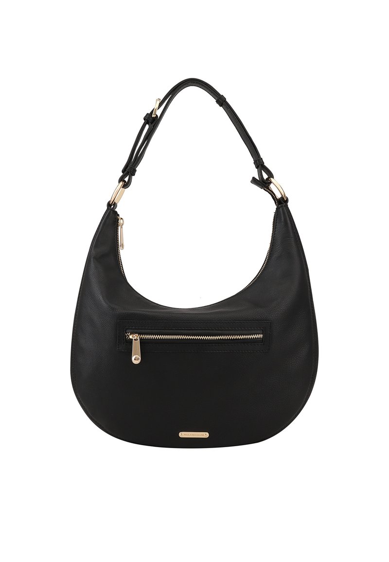Zwarte leren hobo tas met een ritsvak aan de voorkant en gouden hardware. Glad oppervlak met een gebogen vorm en een verstelbare schouderband.