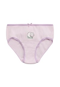 Calzoncillos de algodón de color púrpura claro con una cinturilla de lavanda, que presentan un diseño impreso de un gato durmiendo y un pequeño lazo en la parte frontal.