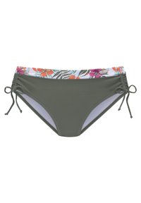 Olijfgroen bikini onderstuk met een bloemenprint tailleband. Heeft strikjes aan de zijkanten voor een verstelbare pasvorm en een gladde textuur.