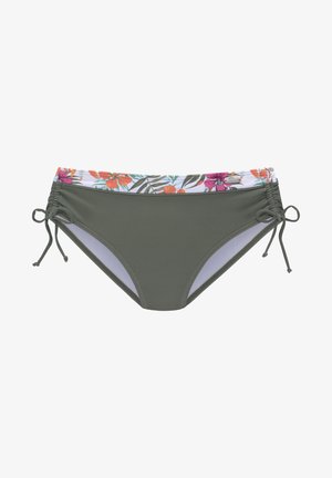 Olivegrüner Bikiniunterteil mit einem floralen Bund. Hat seitliche Bindebänder für eine verstellbare Passform und eine glatte Textur.