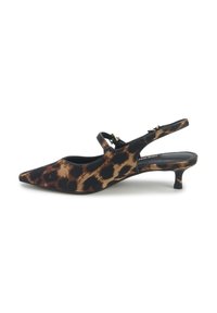 Kärgade varvastega slingback kingad, mis esitavad leopardimustrit musta ja pruuni värvilahenduse ning pisikese kitten kontsaga. Valmistatud tekstuurmaterjalist.