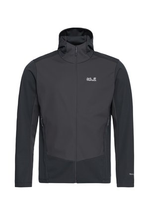 Heren softshelljas in donkergrijs, gemaakt van flexibel, waterbestendig materiaal. Hoge kraag, ritssluiting aan de voorkant en twee zijzakken met ritsen.