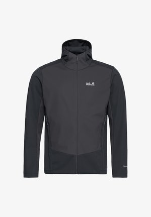 Heren softshelljas in donkergrijs, gemaakt van flexibel, waterbestendig materiaal. Hoge kraag, ritssluiting aan de voorkant en twee zijzakken met ritsen.