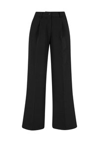 Schwarze, hoch taillierte, weit geschnittene Hose mit vorderen Falten, Gürtelschlaufen und Knopfverschluss am Bund.