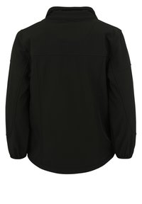 Svart softshell-jacka, funktionell baksida, hög krage, elastiska ärmslut, slät textur, minimala sömmar. Lämplig för utomhusbruk.