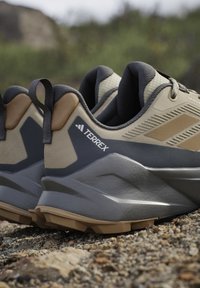 Par beige og grå Adidas Terrex vandresko på klippegrund med synlige hælsløjfer og teksturerede såler.