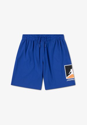 Blauwe mesh sportshorts met een elastische tailleband met trekkoord en een Jordan-logo patch in zwart, wit en oranje op het rechterbeen.