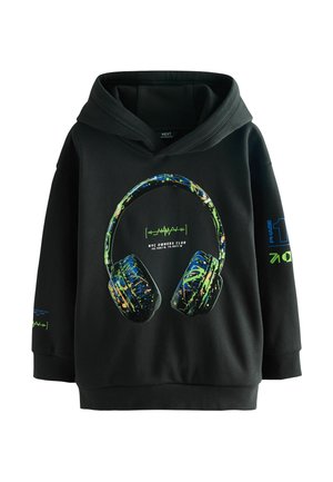 Schwarzer Hoodie mit einem Grafikdesign von grünen und blauen Kopfhörern auf der Vorderseite. Enthält Neonakzente und bedruckten Text an den Ärmeln. Aus Baumwollmaterial.