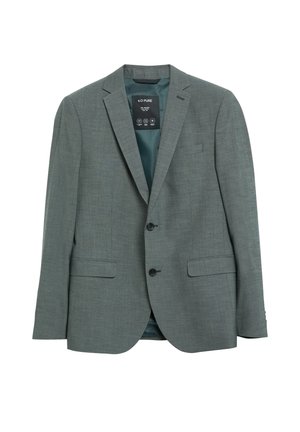 Enkelrij grijs blazer met twee knopen, inkeping revers, klepzakken en een donker tealkleurige binnenvoering zichtbaar aan de binnenkant van de kraag.