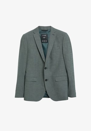 Enkelrij grijs blazer met twee knopen, inkeping revers, klepzakken en een donker tealkleurige binnenvoering zichtbaar aan de binnenkant van de kraag.