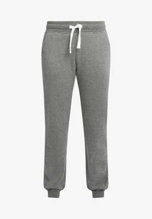 Grå sweatpants lavet af blødt, børstet stof. Har en snøre i taljen og ribbede ankelmanchetter for en tætsiddende pasform. Simpelt design, ingen mønstre.