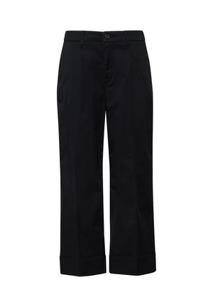 Pantalon noir à jambes droites avec fermeture à bouton et fermeture éclair, passants pour ceinture et ourlets retroussés, présenté sur un fond blanc.