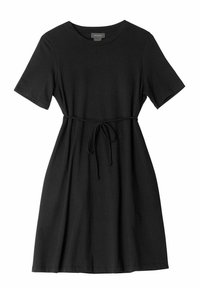 Schwarzes Kurzarmkleid aus weichem Stoff, mit rundem Ausschnitt und Kordelzug an der Taille für eine anpassbare Passform.