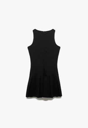 Zwarte mouwloze jurk met een nauwsluitend lijfje en een uitlopende geplooide rok. Gladde stof met een ritssluiting op de rug. Eenvoudig, gestroomlijnd ontwerp.