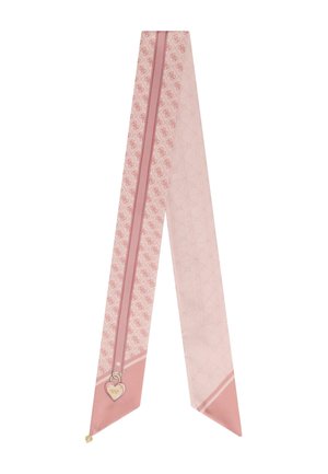 Écharpe en soie rose avec un motif monogramme répétitif, un charme en forme de cœur et des détails géométriques contrastés le long des bords.