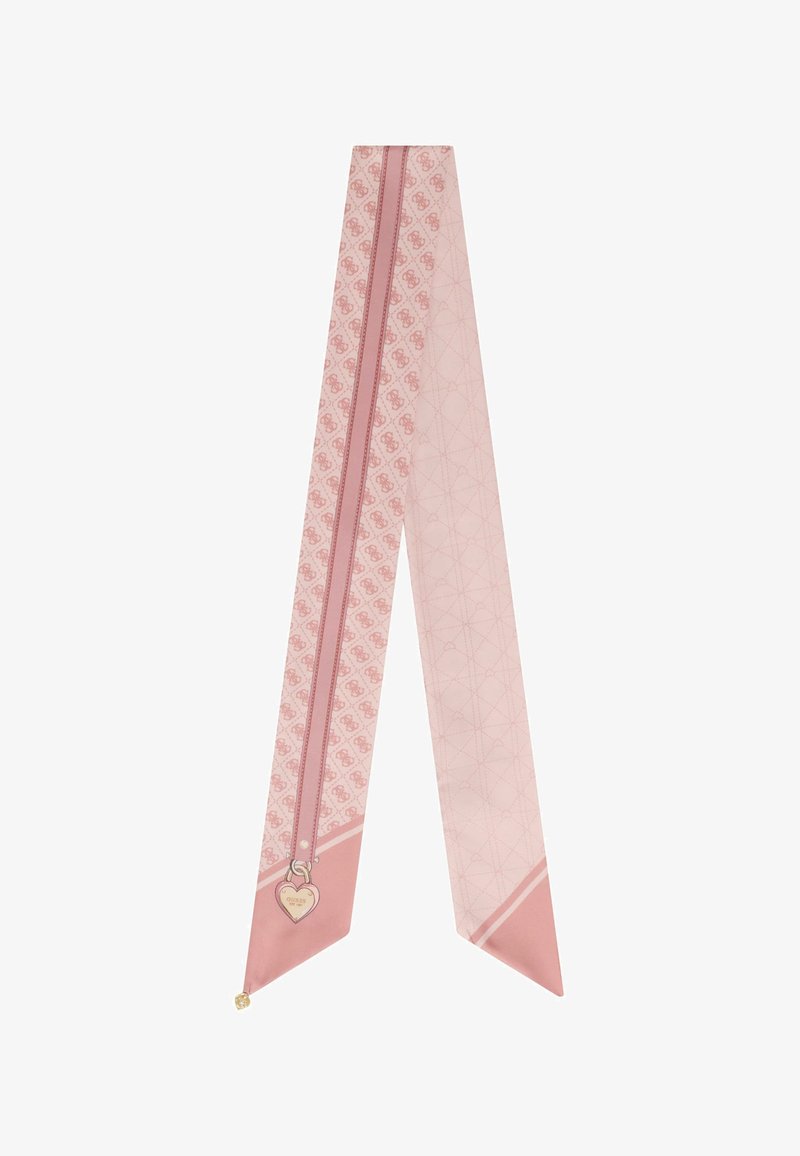 Écharpe en soie rose avec un motif monogramme répétitif, un charme en forme de cœur et des détails géométriques contrastés le long des bords.