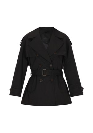 Zwarte trenchcoat met een dubbelgeknoopt ontwerp, grote kraag, riem in de taille en knoopmanchetten. Gladde stof met een getailleerde pasvorm.