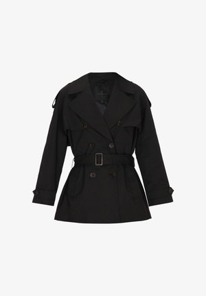 Trench-coat noir à double boutonnage, grand col, ceinture à la taille et poignets boutonnés. Tissu lisse avec une coupe ajustée.