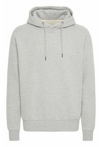 Sweat à capuche gris en mélange de coton, doté d'une grande capuche avec cordons de serrage, de manches longues et de poignets et d'ourlet côtelés. Texture douce, design minimal.