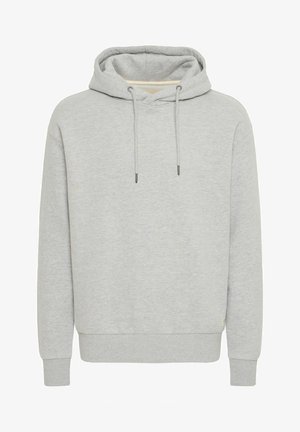 Grå hettegenser laget av bomullsblanding, med stor hette med snor, lange ermer, og ribbestrikkede mansjetter og kant. Myk tekstur, minimalistisk design.