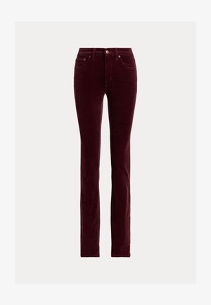 Pantalones de pana burdeos con corte ajustado, que cuentan con un diseño clásico de cinco bolsillos y sutiles detalles de metal.