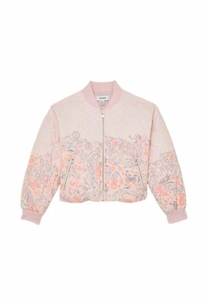 Lyserød bomberjakke med ribbet krave, manchetter og kant, med et diskret blomsterprint og lynlåslommer foran.
