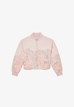 Bomber rosa chiaro con colletto, polsini ed orlo a coste, caratterizzato da una delicata stampa floreale e tasche frontali con cerniera.