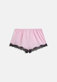 Soft pink women's shorts with black lace trim along the curved hem and elastic waistband, laid flat on a white background.