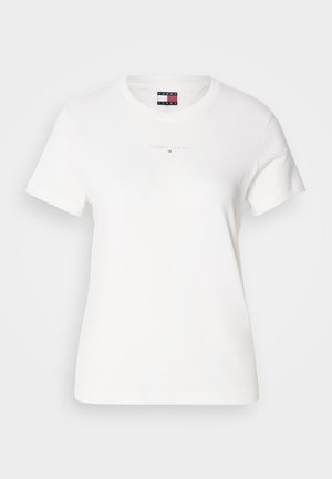 Hvid kortærmet T-shirt lavet af bomuld med en rund halsudskæring og et logo i lyserød på brystet. Glat tekstur, afslappet pasform.