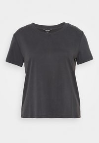 Mörkgrå bomulls t-shirt med rund halsringning, korta ärmar och avslappnad passform. Slät textur med rak fåll och minimal sömdekoration.