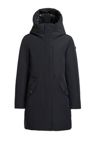 Sort isoleret parka-jakke med høj krave, justerbar hætte, sidelommer og en glat ydre overflade. Har en lynlås i front.