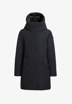 Black insulated parka coat with a high collar, adjustable hood, side pockets, and a smooth exterior finish. Features a zip closure at the front.